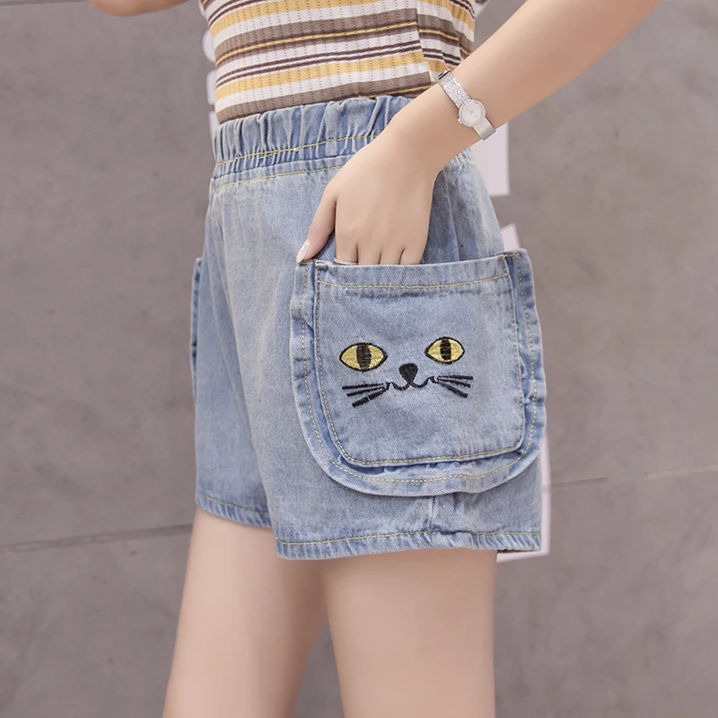 2019 New Summer Mori Girl Embroidery Cat Jeans Woman Pocket Wide Leg High Waist Shorts Plus Size S-5XL YY493 | Женская одежда