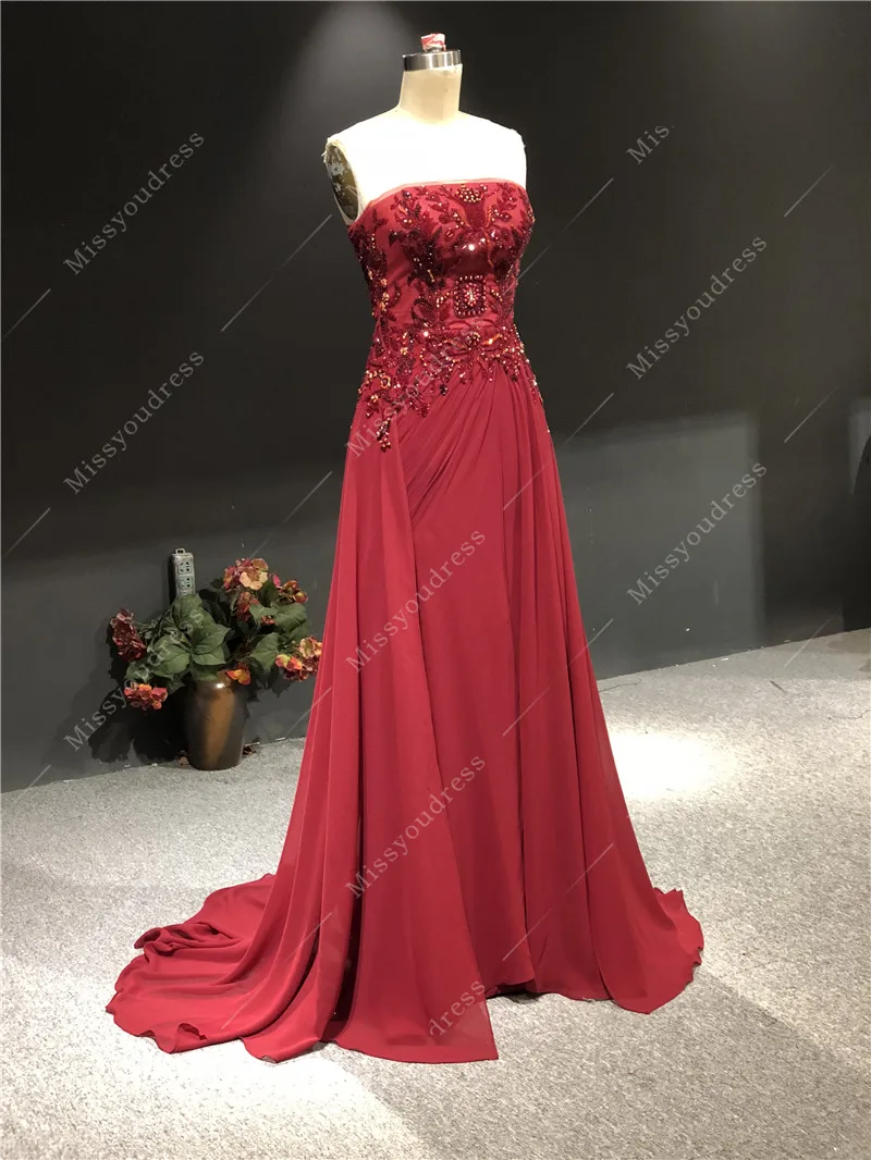 2021 Newest High Quality Custom Real Pictures Red Strapless Heavy Beading Floor Lenght with Train A-line Prom Evening Dress