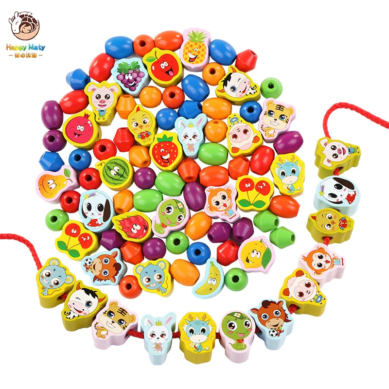 Деревянные игрушки, детские игрушки для самостоятельной сборки, Мультяшные фрукты, животные, нанизанные резьбы, деревянные бусины, игрушки Monterssori, развивающие игрушки для детей, подарок