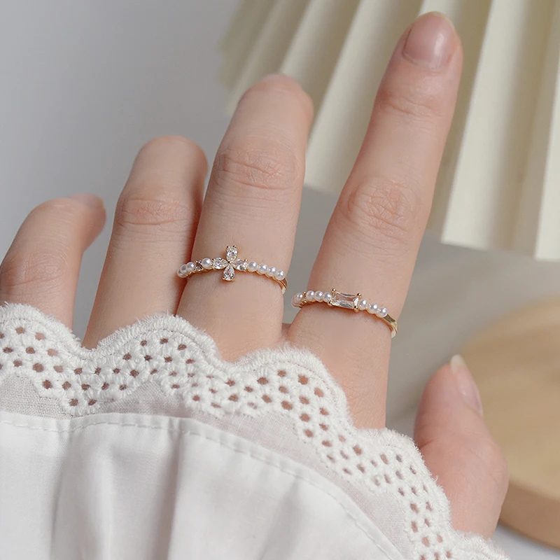 

Delicate Jewelry 14K Gold Plated Adjustable Crystal Star Rings for Women Simple Style Pearl Engagement Rings
