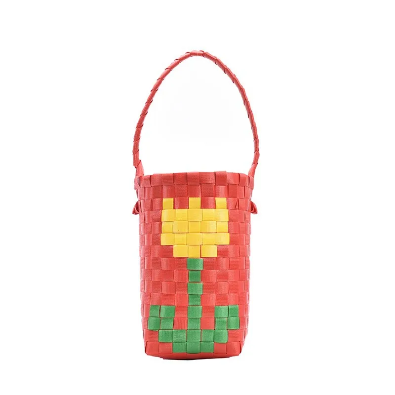 

2021 Summer Fashion Vacation Straw Panelled Flower Women Mini Bucket Bag Shoulder Bag Crossbody Ladies Totes