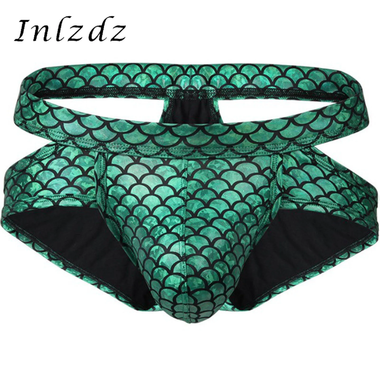 

Mens Lingerie Shiny Underwear Fish Scale Print Briefs Panties Hollow Out Low Waist Elastic Waistband Bulge Pouch Underpants