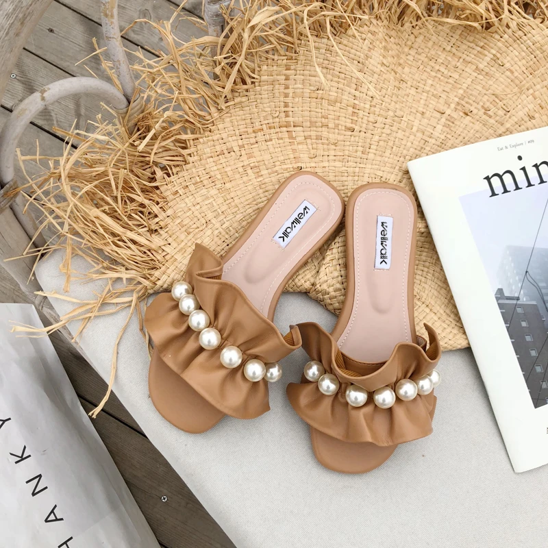 Шлепанцы со стразами Летняя обувь Женские шлепанцы Модные дизайнерские с рюшами