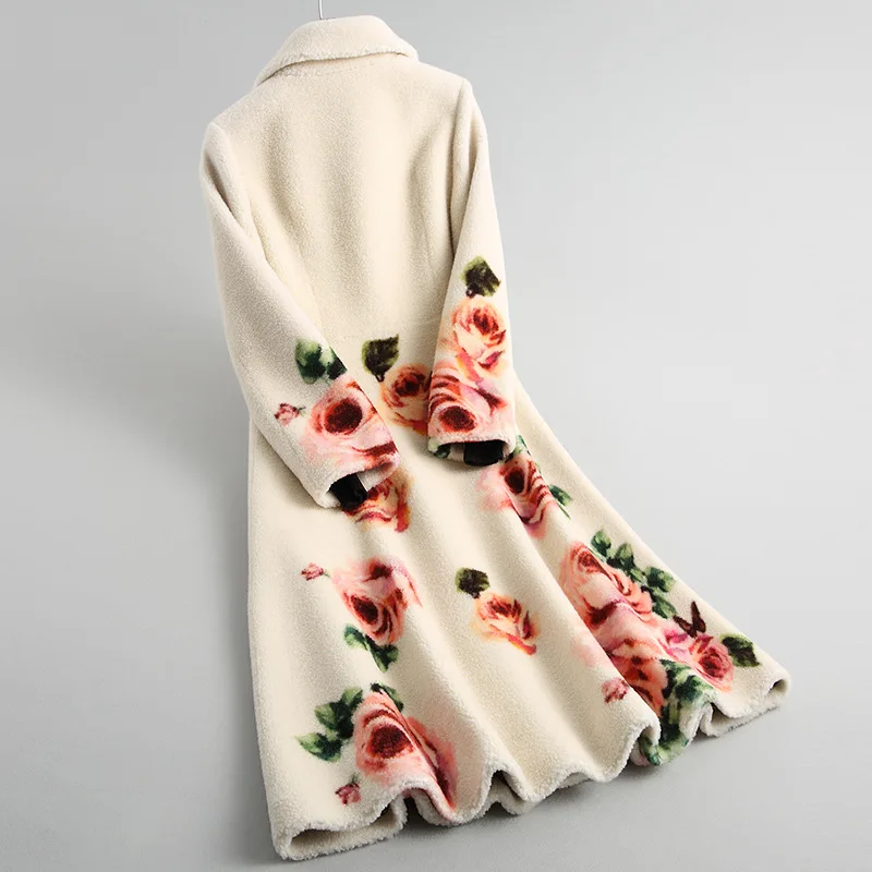 Spring New High Quality Fashion Thick Warm Fur Sheep Shearing Coat Winter Women's Wool Jacket Long Print Floral Flower Overcoat