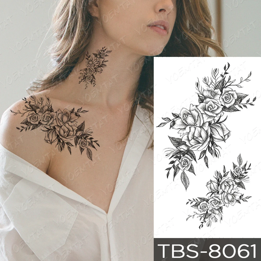 

Sexy Temporary Tattoo Sticker Black Rose Peony Tato Neck Shoulder Back Fake Realistic Woman Girl Glitter Kids Tatu Body Art 2021
