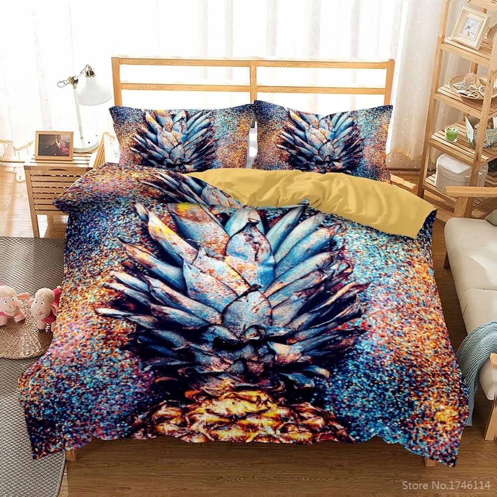 

3D Delicious Fruit Pineapple Bedding Set Geometric Stripes Duvet Cover Set Quilt Cover & Pillowcase Bedclothes for Home Bedroom