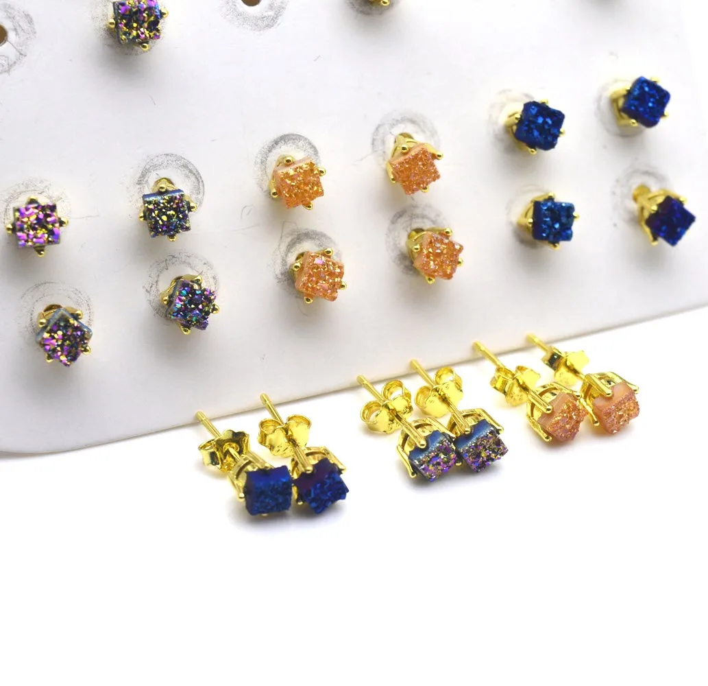 

Женские квадратные серьги-гвоздики с натуральным кристаллом, уникальное Золотое Ювелирное Украшение, модные серьги для женщин 2021