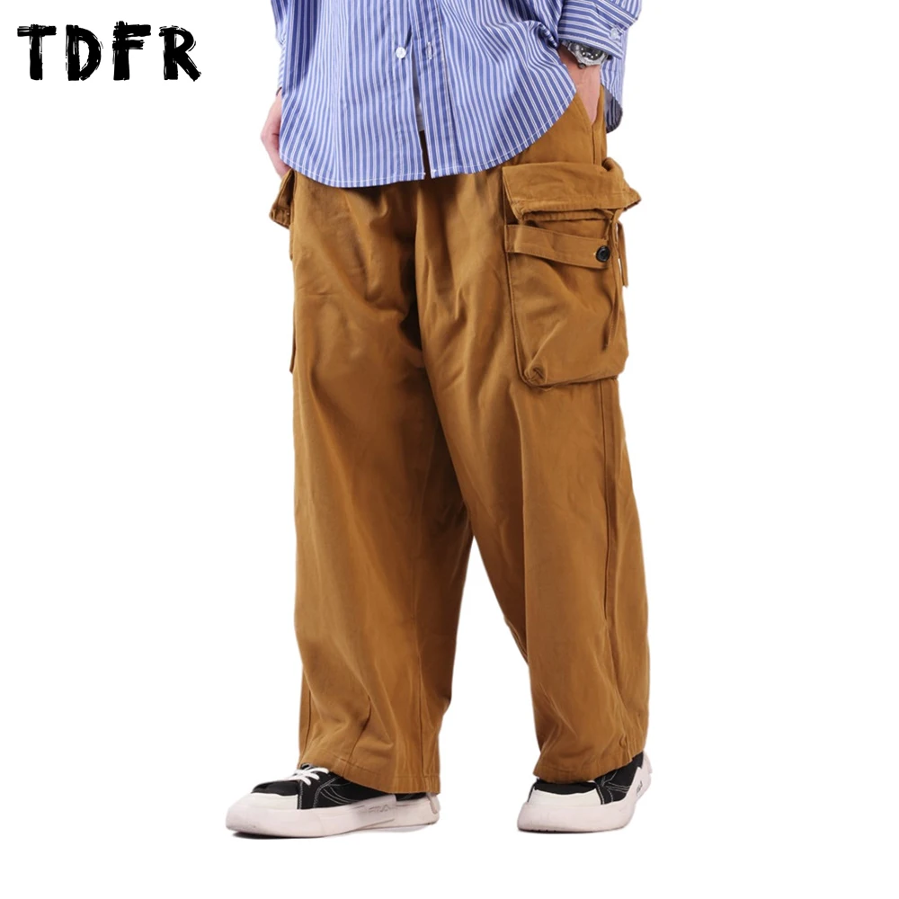 

Multi-Pocket Cargo Pants Mens Safari Style Wide Leg Pants Elastic Waist Solid Color Loose Casual Pants Trousers Men