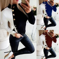 contrast color patchwork clothes oblique button front shirt long sleeve tight bodycon shirt women sexy stand collar shirt slim