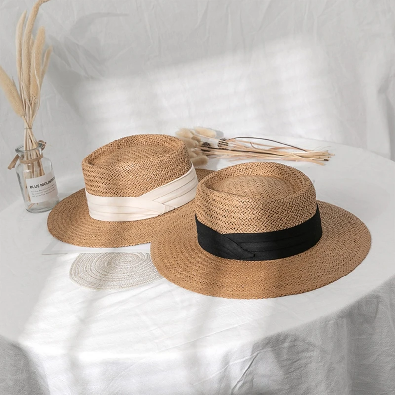 Соломенная шляпа для защиты от солнца плетеная пляжная Панама с плоскими