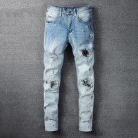 street style fashion men jeans retro light blue elastic slim fit destroyed ripped jeans men patch designer hip hop denim pants