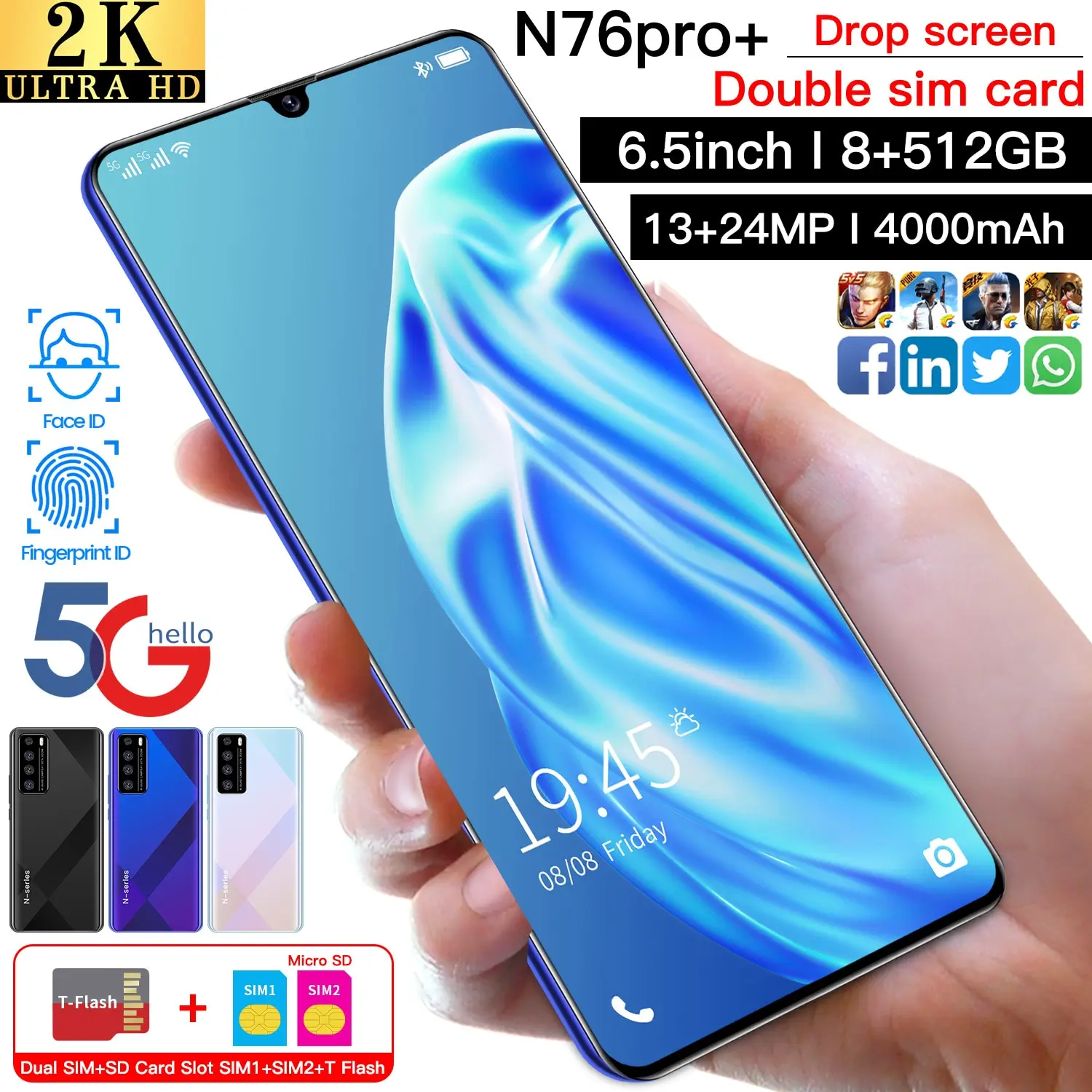 

N76pro + 6.5 Inch 8 + 512gb 13 + 24mp Andriod 9.1 5g Network Smart Phone Mtk6792 Deca Dual Core Sim 4800mah Cell Phone