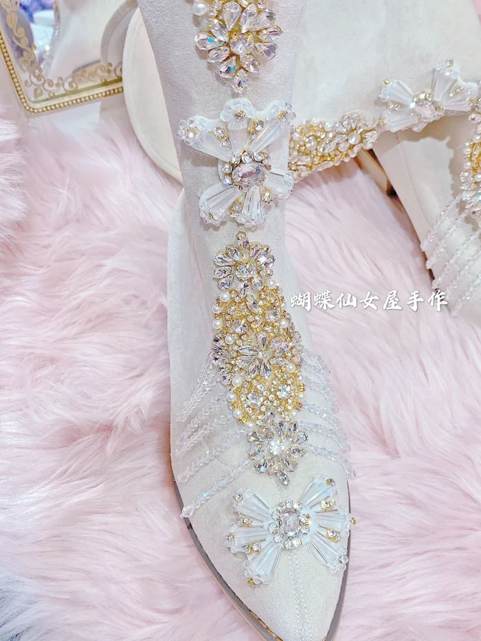 

High-end handcrafted women's water drill luxury mature fairy boots thick heeled pointed temperament fashion high boots elastic