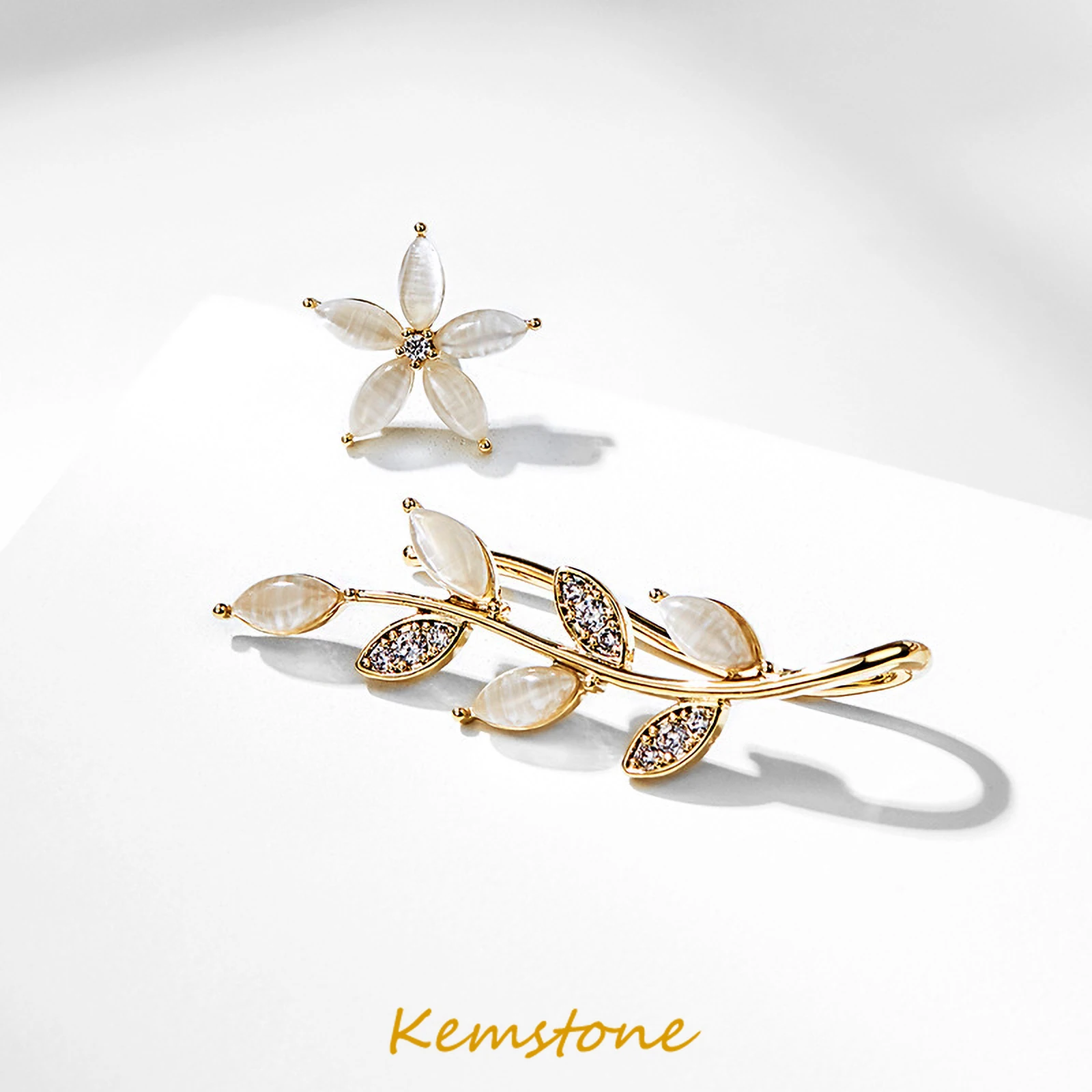 

Kemstone 925 Silver Pins Asymmetric Crystal Leaf Flower Stud Earrings Female Jewelry Gift