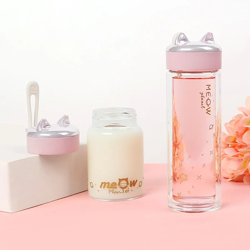 Стеклянная бутылка для воды милая мультяшная кошка студенческие бутылки