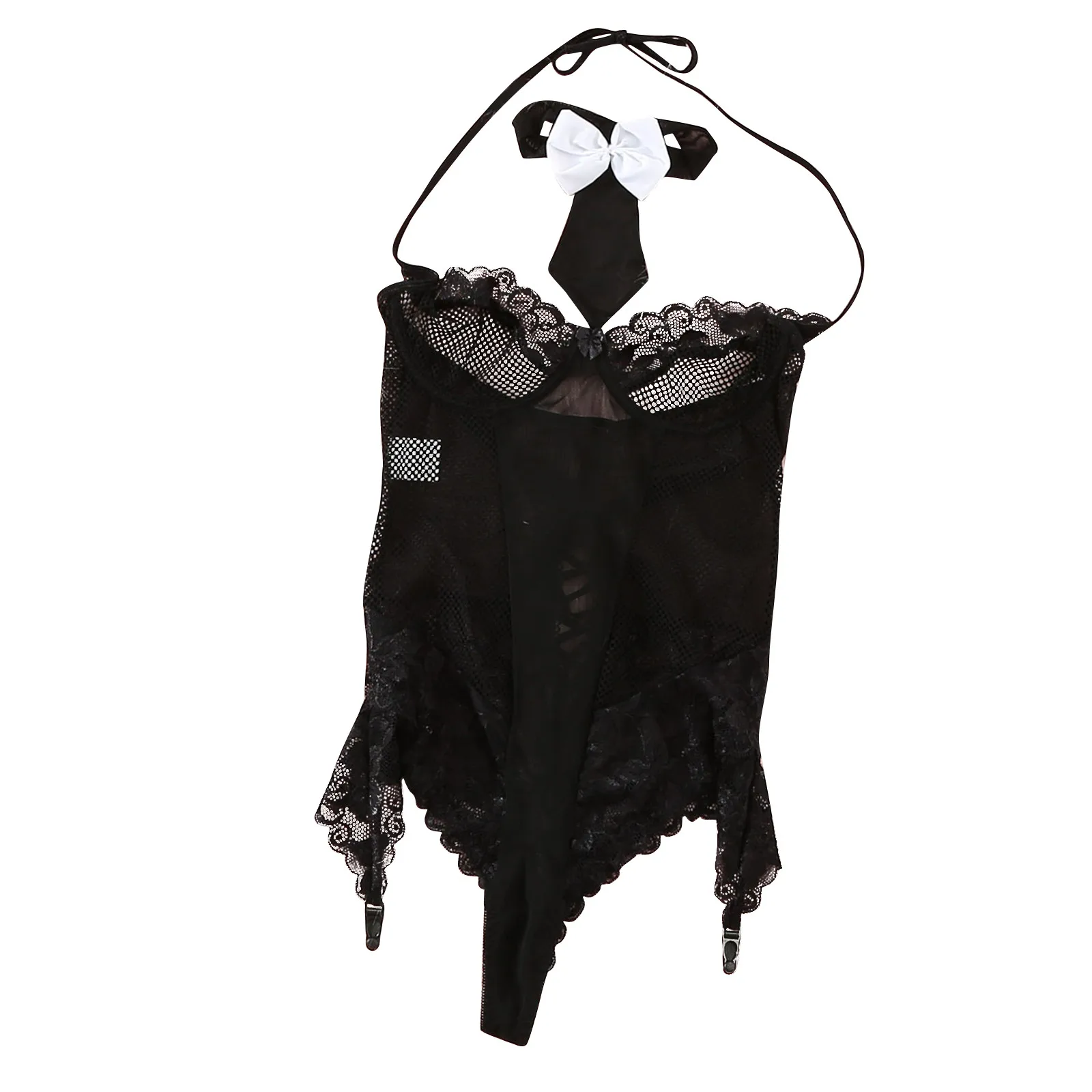 

Ladies Sexy Lingerie Hollow Out Jumpsuit Lace Stitching Valentine's Day Bodysuit With Necktie Sexy Suit Ropa Interior Femenina