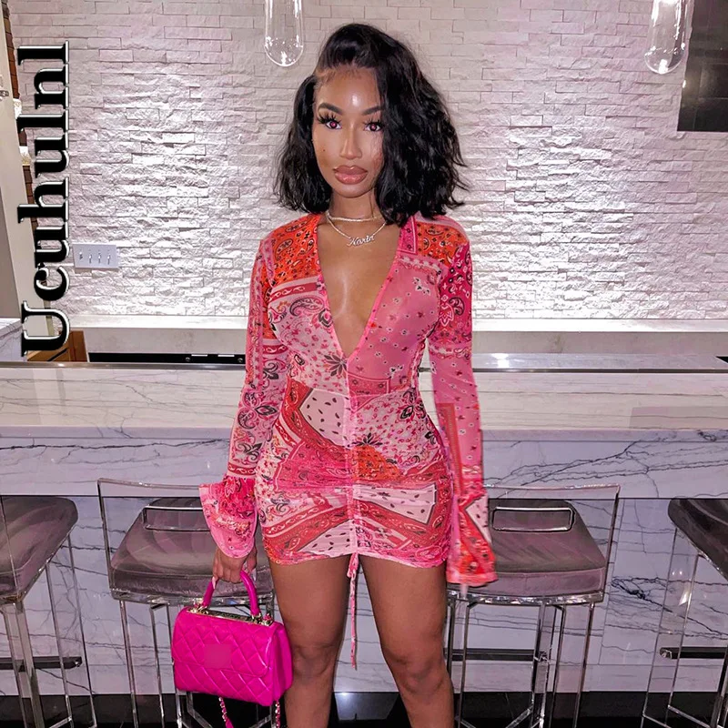 

Sexy Summer Dresses Women Deep V Neck Ruched Drawstring Print Party Dresses Ins Mesh Flare Long Sleeve Transparent Dress 2021