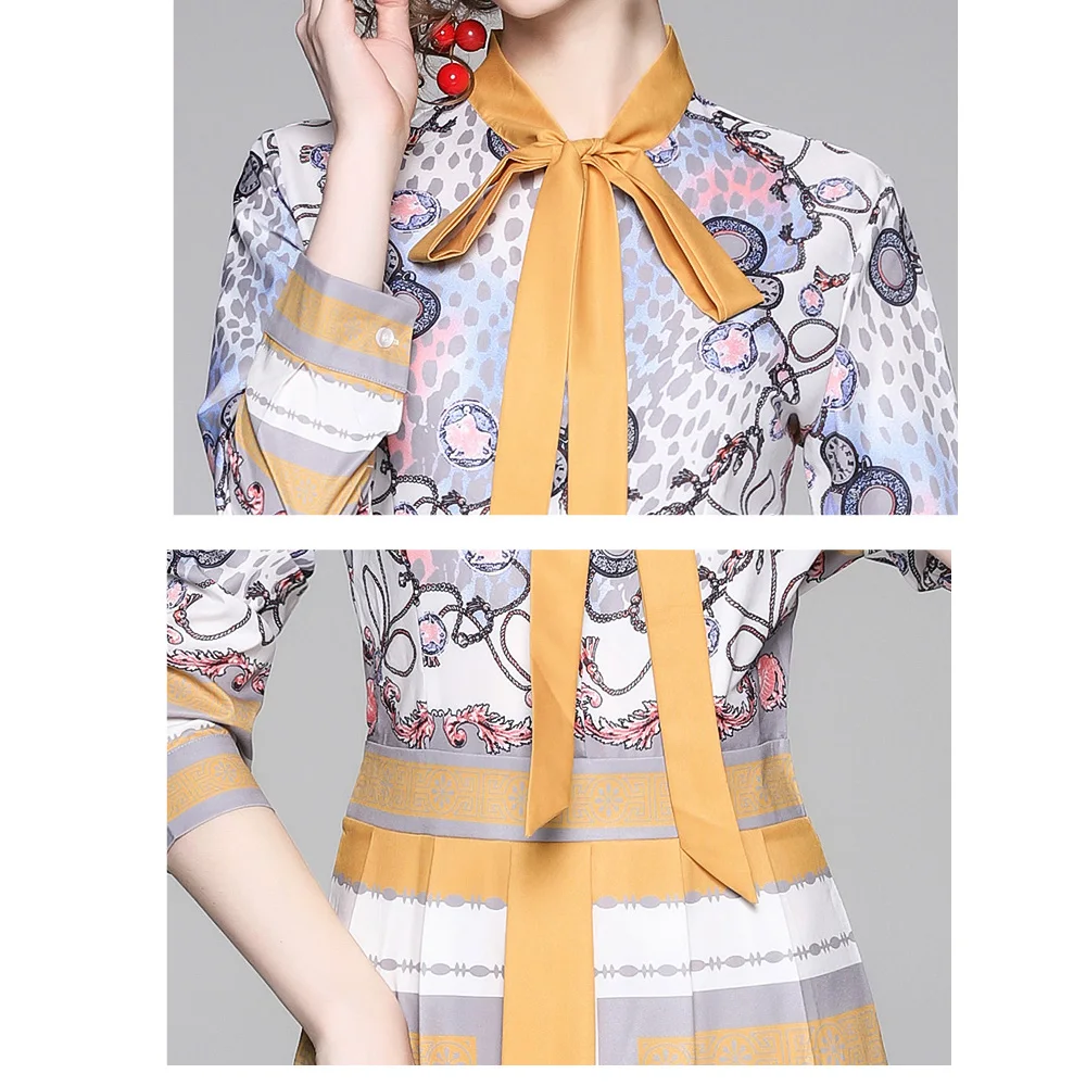 

Elegant Runway Maxi Dress 2021 Women Fashion Bow Tie Neck Vintage Floral Print Long Sleeve Office Tunic Party Robe Femme Vestido