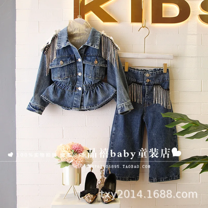 2019 autumn and winter clothing new girl heavy work rhinestone tassel decoration waist denim jacket girls coat | Детская одежда и