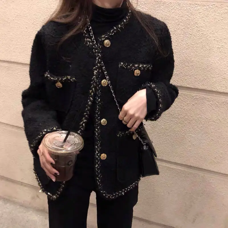 

Leiouna Female Black Tweed Jacket Coat Women Outerwear Coats Channel Style Suit Cropped Stripeed Kawaii Round Neck Casual