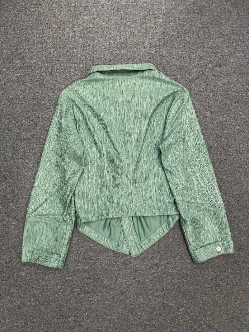 

2021 New Fashion Women V-Neck Twisted Pleated Shirt Lady Long Sleeve Fashion Green Shirt and Tops