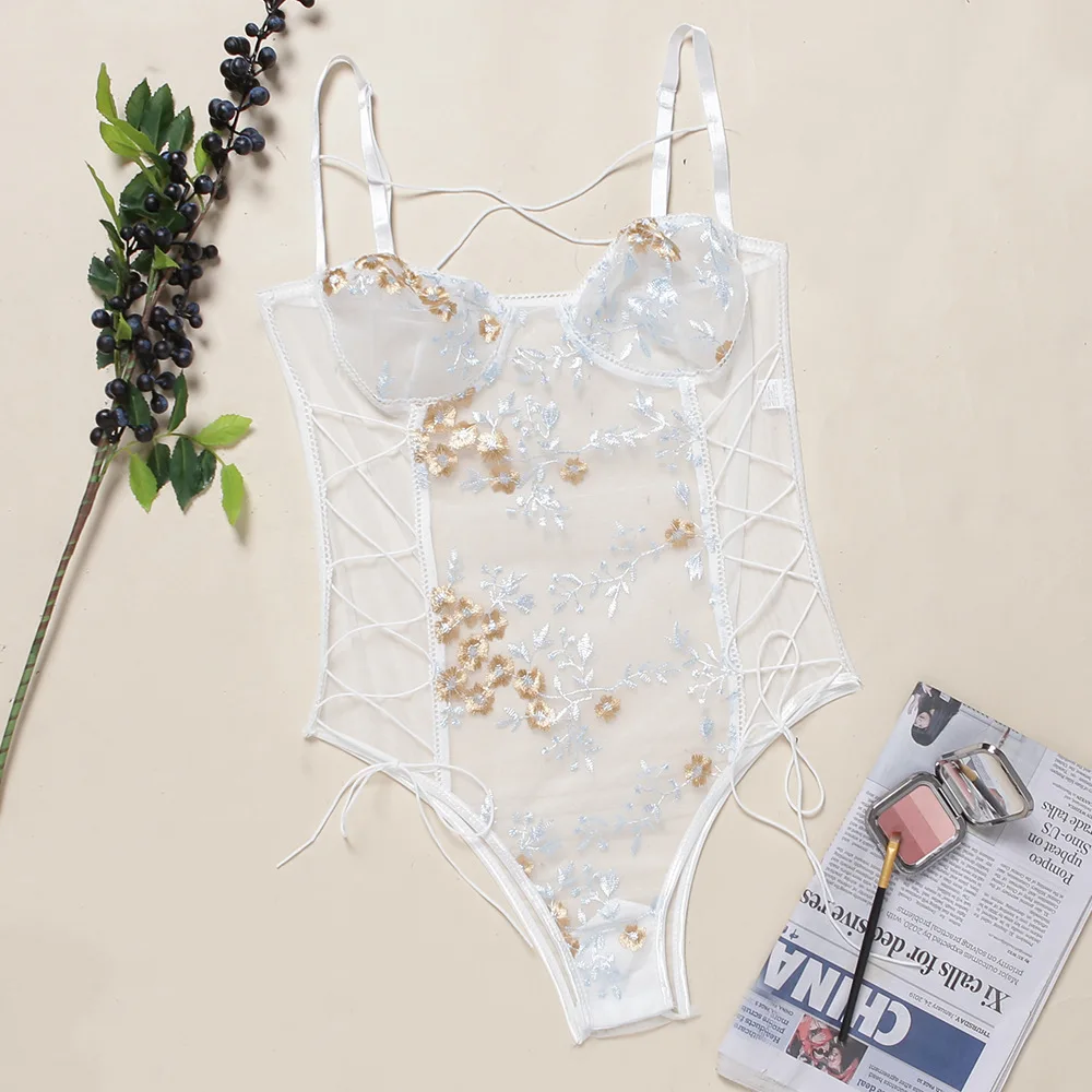 

Women's Sexy Lace V-Neck See Through Bodysuit Underwear Romper Embroidery Flower Fashion Sleeveless Erotic Lingerie Jumpsuit