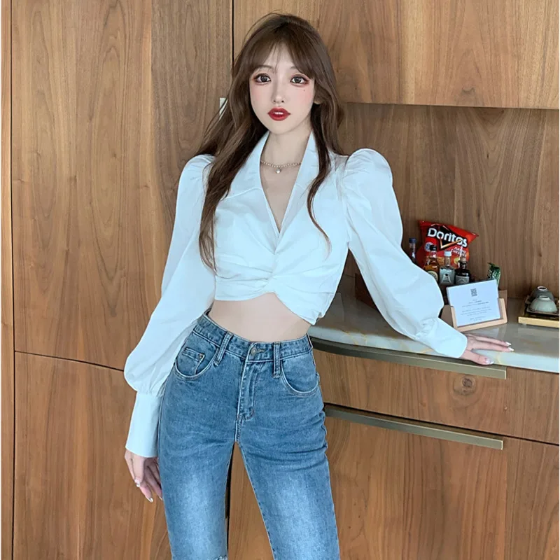 Хипстерская рубашка с отложным воротником и рукавами-фонариками кроп-топ модная