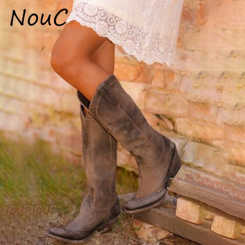 Женские кожаные ковбойские сапоги NouC с острым носком без застежки в стиле ретро