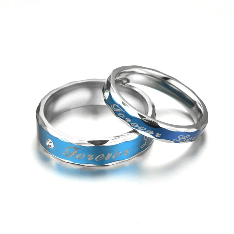 

New fashion stainless steel couple ring forever love blue diamond wedding ring