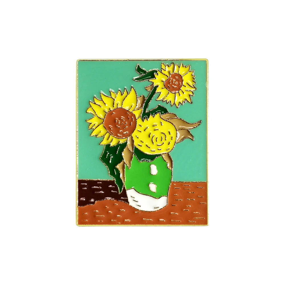 RSHCZY-pintura al óleo de Van Gogh dorada, broche de esmalte de flor de sol, insignia de aleación personalizada, Pin de bolsa de ropa de vaquero, regalo de joyería Punk