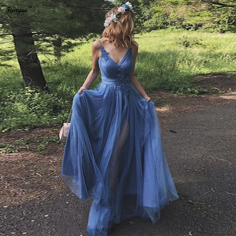 

Женское вечернее платье с V-образным вырезом, длинное синее кружевное простое официальное платье с V-образным вырезом для выпускного вечера