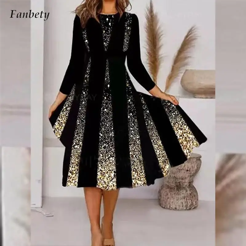 

Elegant Womens Long Sleeve Party Dresses 2022 New Fashion Striped Printed Pleated Dress Spring Autumn Office Ladies A-Line Dress