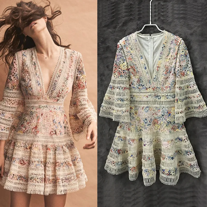 

Платье с вышивкой, ажурное, с рукавами 2020, в дворцовом стиле, с разбитыми цветами, весна-лето, v-образный вырез и юбка-годе