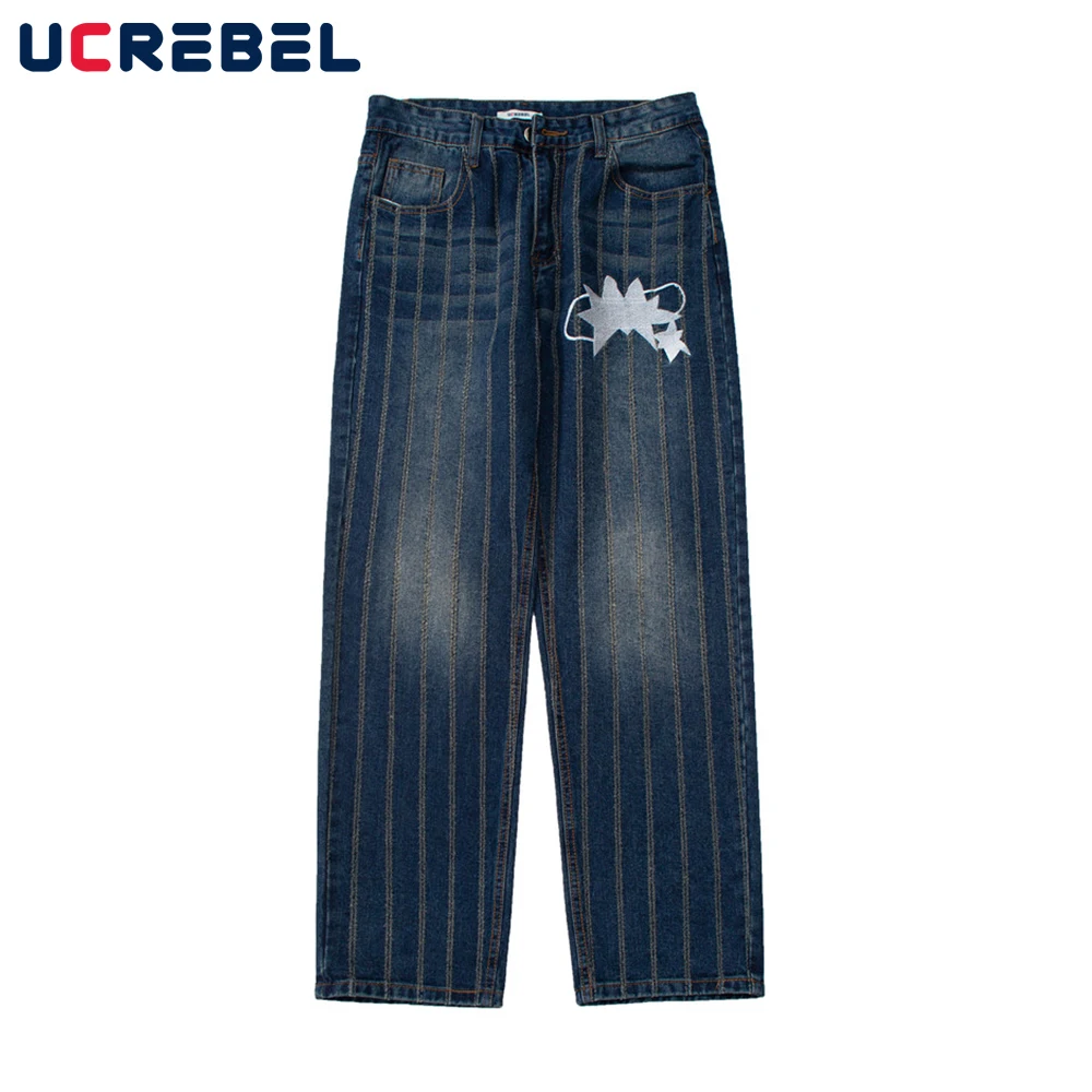 

Брюки мужские джинсовые с вышивкой, свободные прямые штаны в Вертикальную Полоску, уличная одежда, повседневные штаны из денима