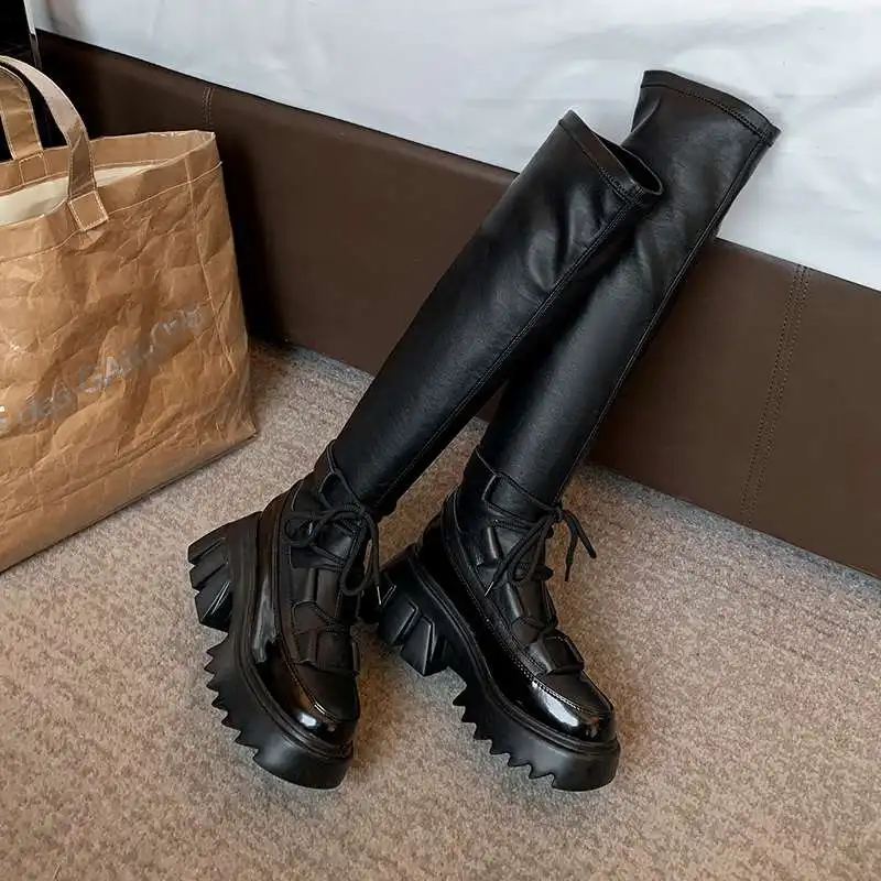 

Vichelo Hot 2021 autumn winter new arrival cow leather round toe thick bottom stretch boots British style knee-high boots L88