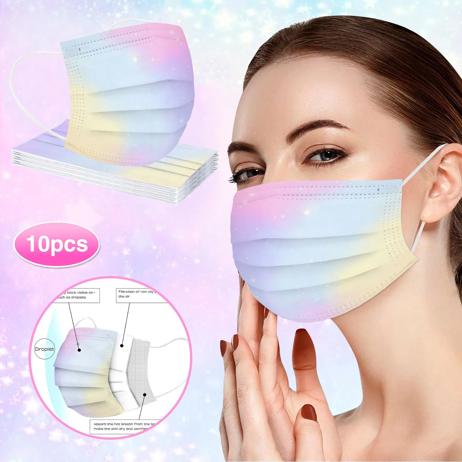 

10PC Adult Gradient Disposable Face Mask Industrial 3Ply Ear Loop Mask Women Dustproof Pm2.5 Mask Party Decoration Facemask
