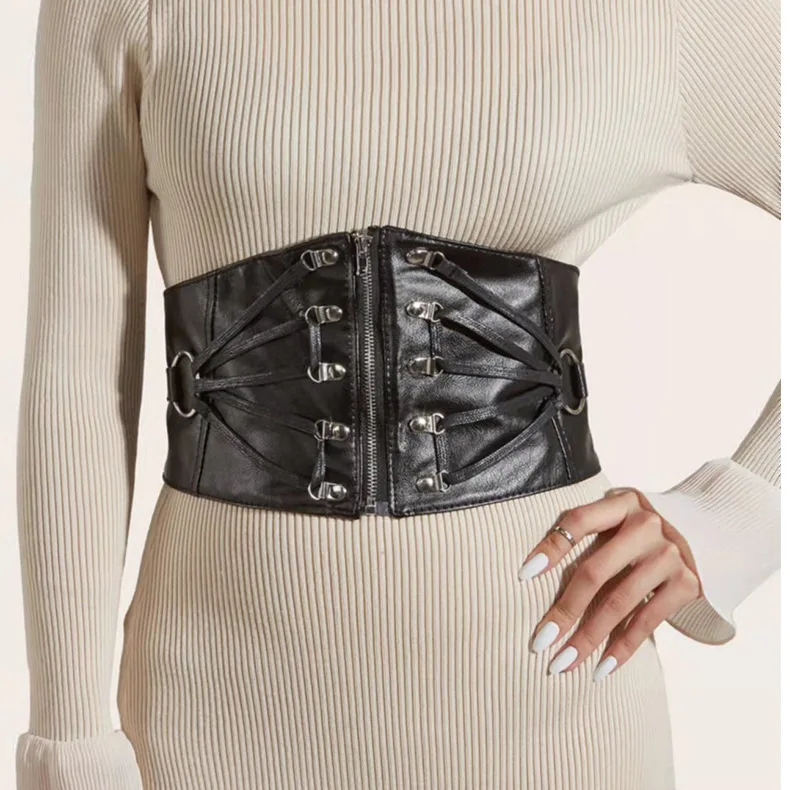 

Fashion Women Wide PU Elastic Belts Slim Corset Black Faux Leather Dress Waist Belt Cummerbund Girdle Pin Buckle Lady Belts