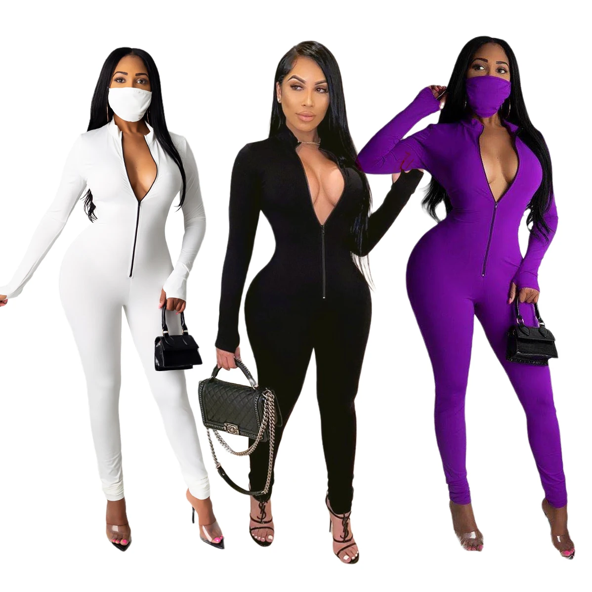 

2020 new women's solid color one-piece jumpsuit ladies zipper front long-sleeved fitness jumpsuit jumpsuit