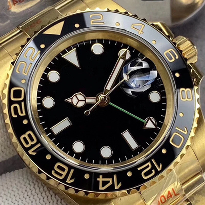 

Часы наручные мужские автоматические, механические светящиеся с календарем, полностью золотистые с керамической рамкой GMT, сапфировые, из н...
