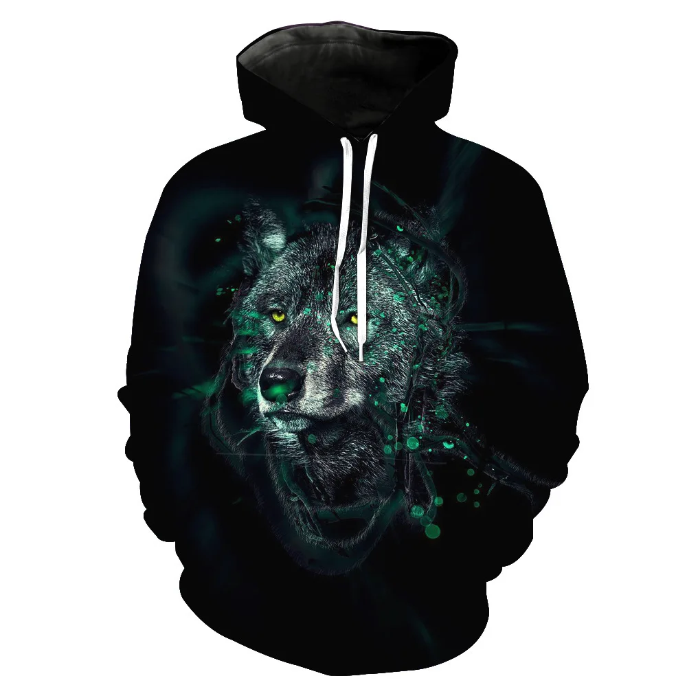 

CNUUIKOOEK Sweatshirts Men's 3D Green Wolf Printed Hooded Pocket Pullover Hoody Fashion Hooded Men's Hoodies