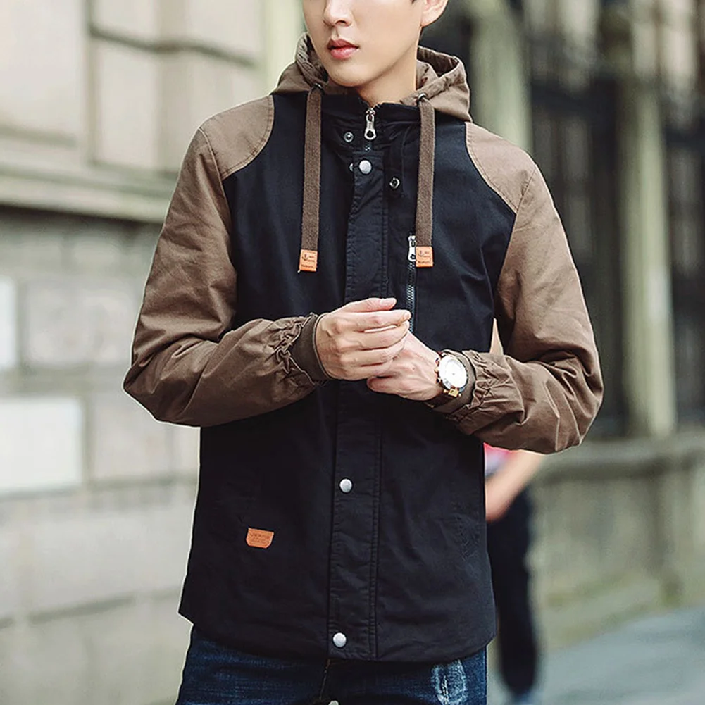 

Men Spring Autumn Hooded Coat Casual Outwear Long Sleeve Contrast Color Canvas Jacket