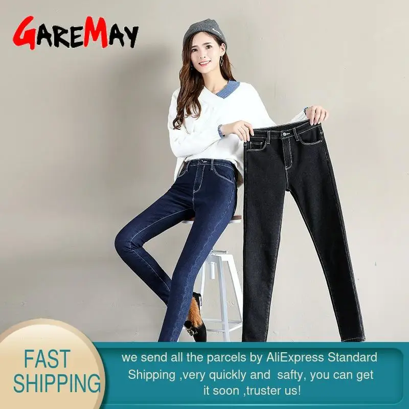 Зимние теплые джинсы для женщин зимние с высокой талией Прямые Плюс Размер флис