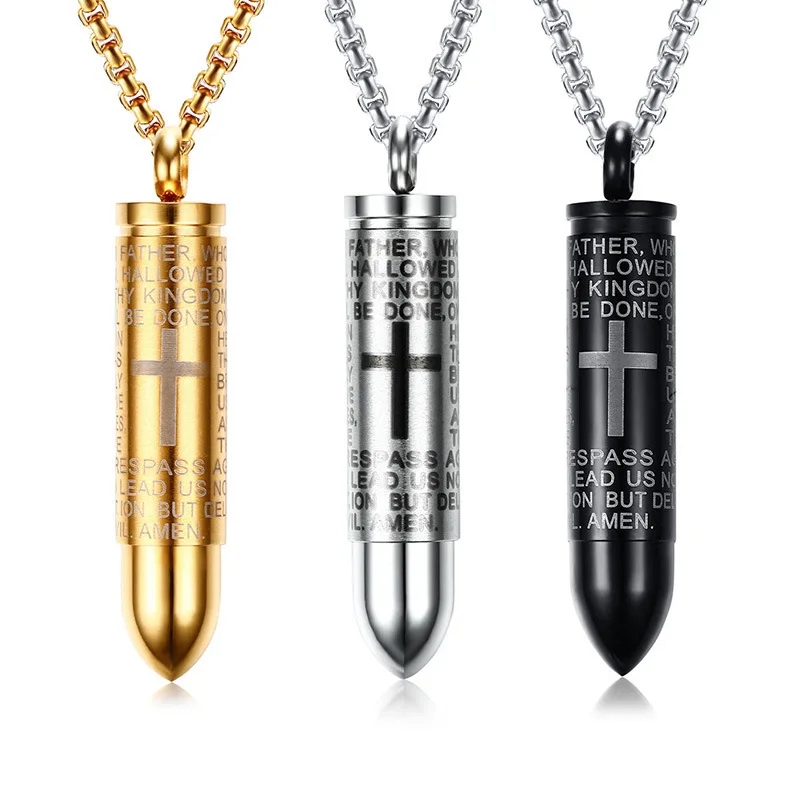 

Lettering Bible Cross Necklace For Men Stainless Steel Bullet Gold Pendant Necklaces O-Chain 2021 Fashion Jewelry Trend