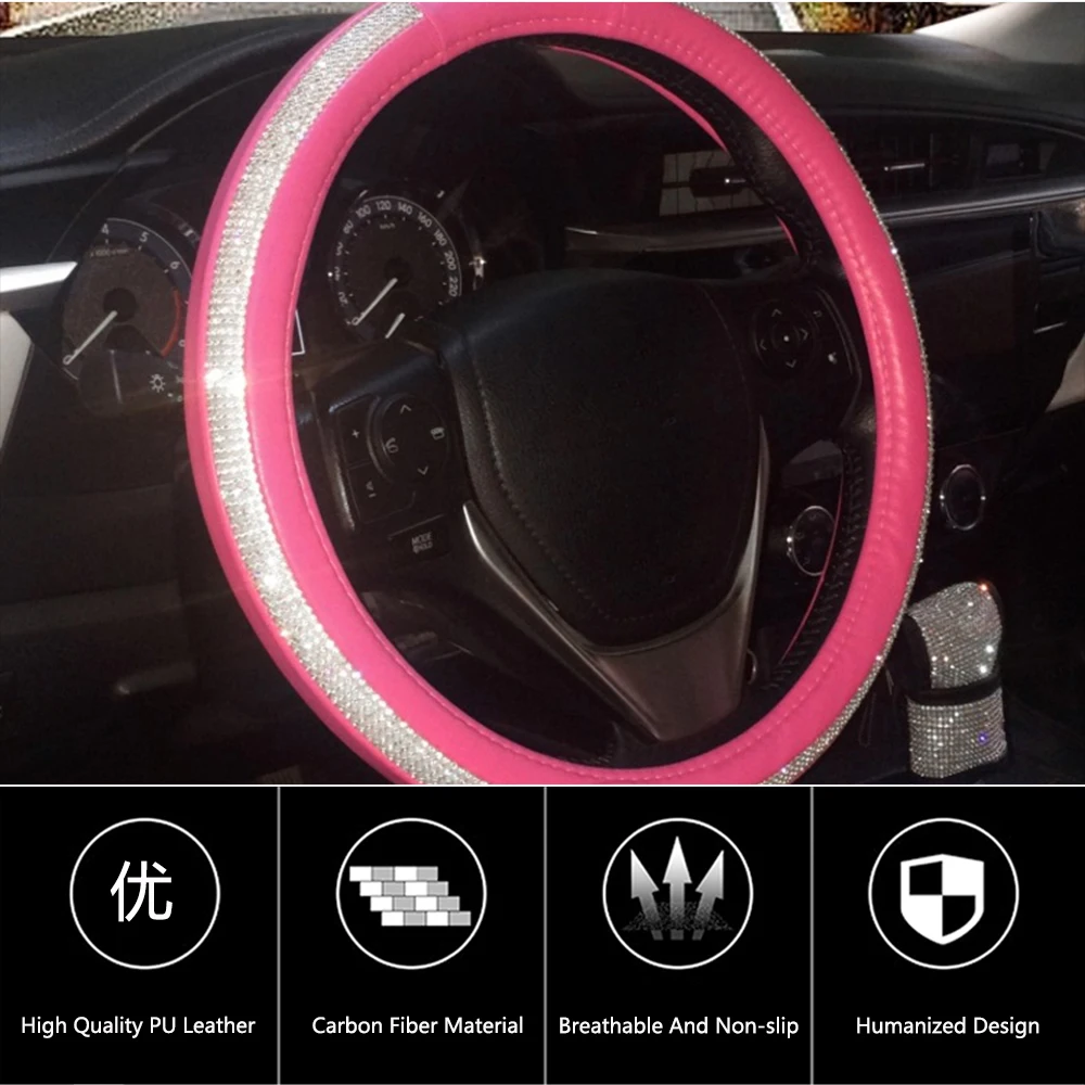 

Diamond Leather Steering Wheel Cover with Bling Bling Crystal Rhinestones Universal Fit 38cm/15in Auto Interior Accessories