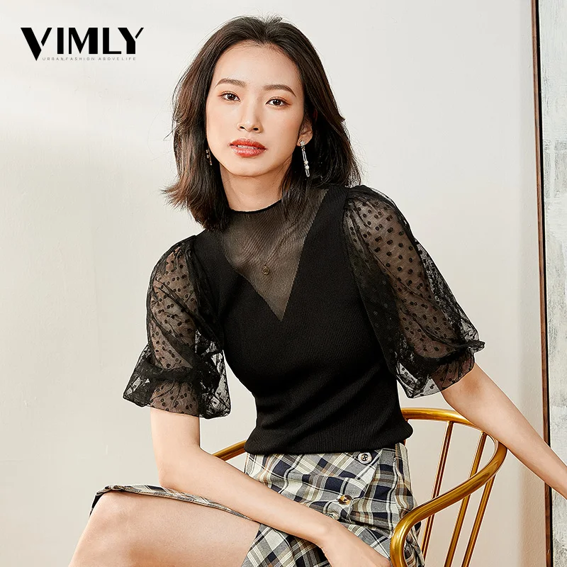 Vimly Женская Весенняя блузки стретч с рукавом фонариком элегантная женская
