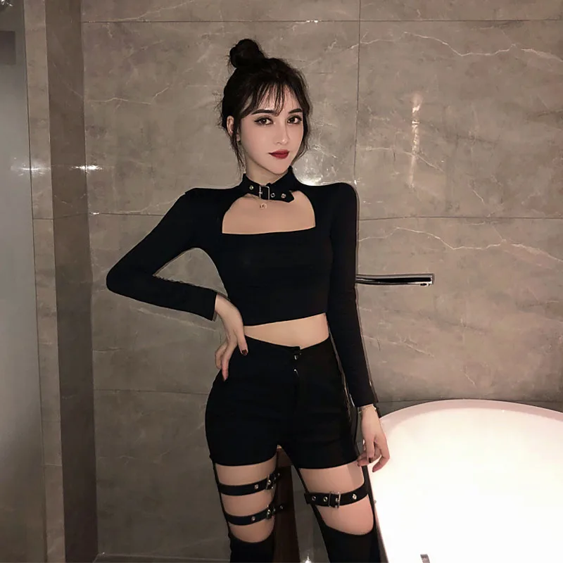 

Женская футболка с длинным рукавом, короткий топ с вырезами и лямкой на шее, Y2k H515