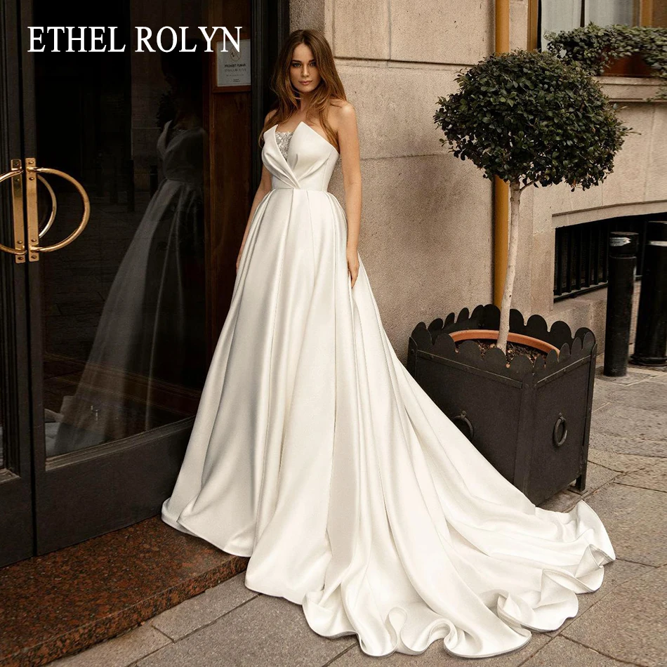 

Женское атласное свадебное платье ETHEL ROLYN, классическое ДРАПИРОВАННОЕ ТРАПЕЦИЕВИДНОЕ платье без бретелек с бусинами, модель 2023 года