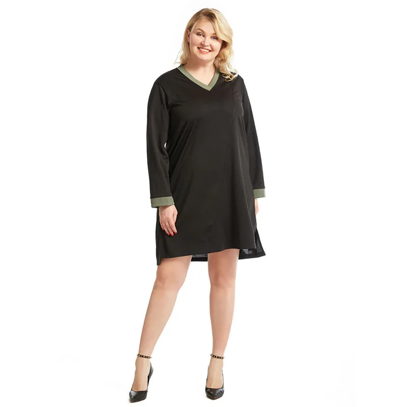 

Женское мини-платье с V-образным вырезом, черное или темно-синее Повседневное платье с длинным рукавом, большие размеры, весна-осень 2021