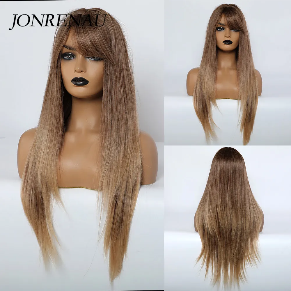 Jonrenau Synthetic Natural Wave Wigs with Side Bangs Black Root Light Brown for Women Daily Party | Шиньоны и парики
