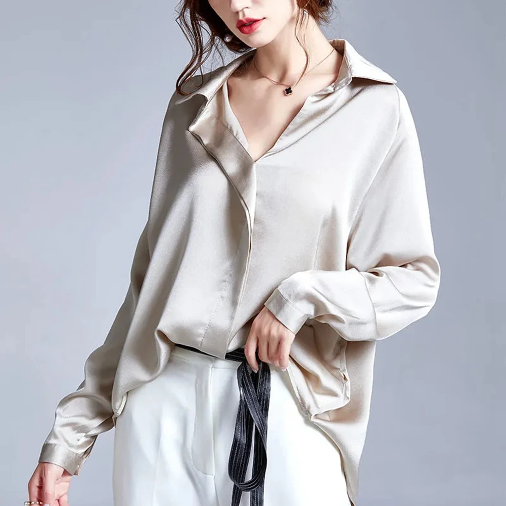 

S-3XL Plus Size Satin Long Sleeve Blouses Woman Solid Turn Down Collar Loose Blouses and Shirts 2021 Fashion OL Style Top Blouse